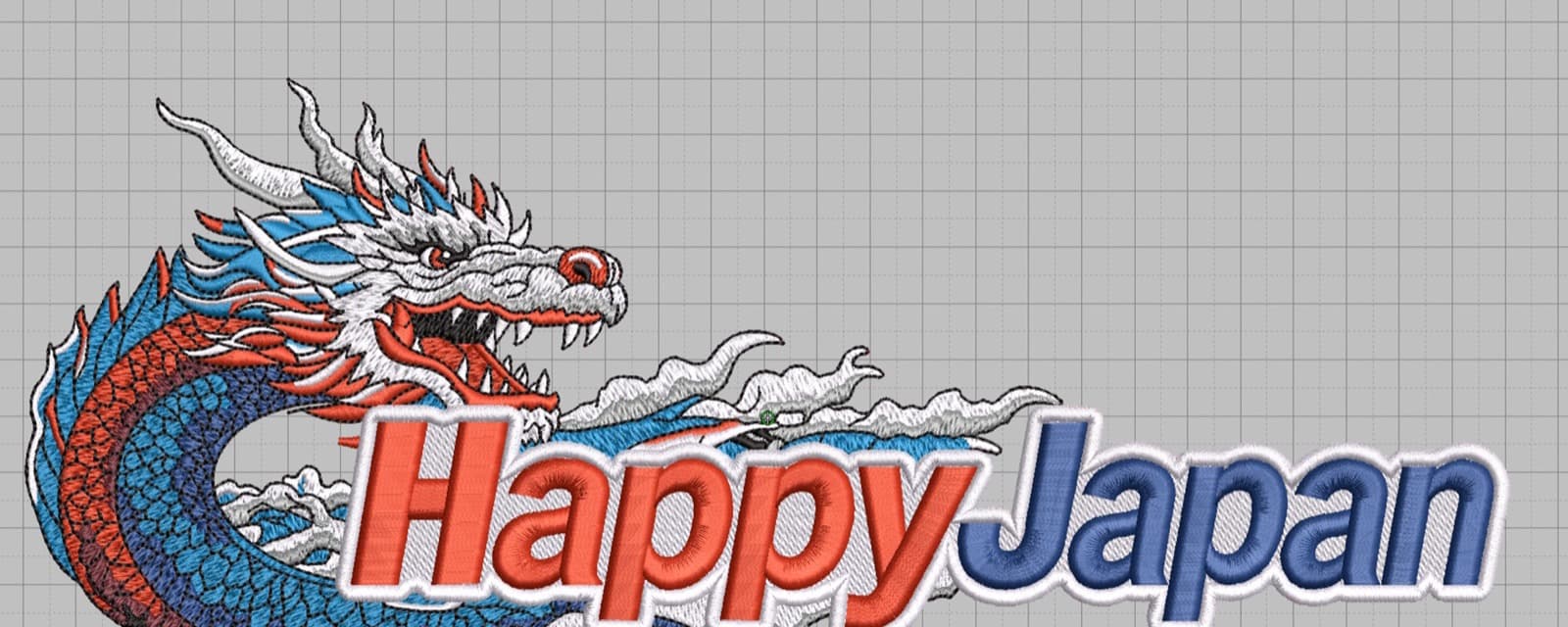 Embroidery digitizing software showing the dragon design in a stitch-path workspace view