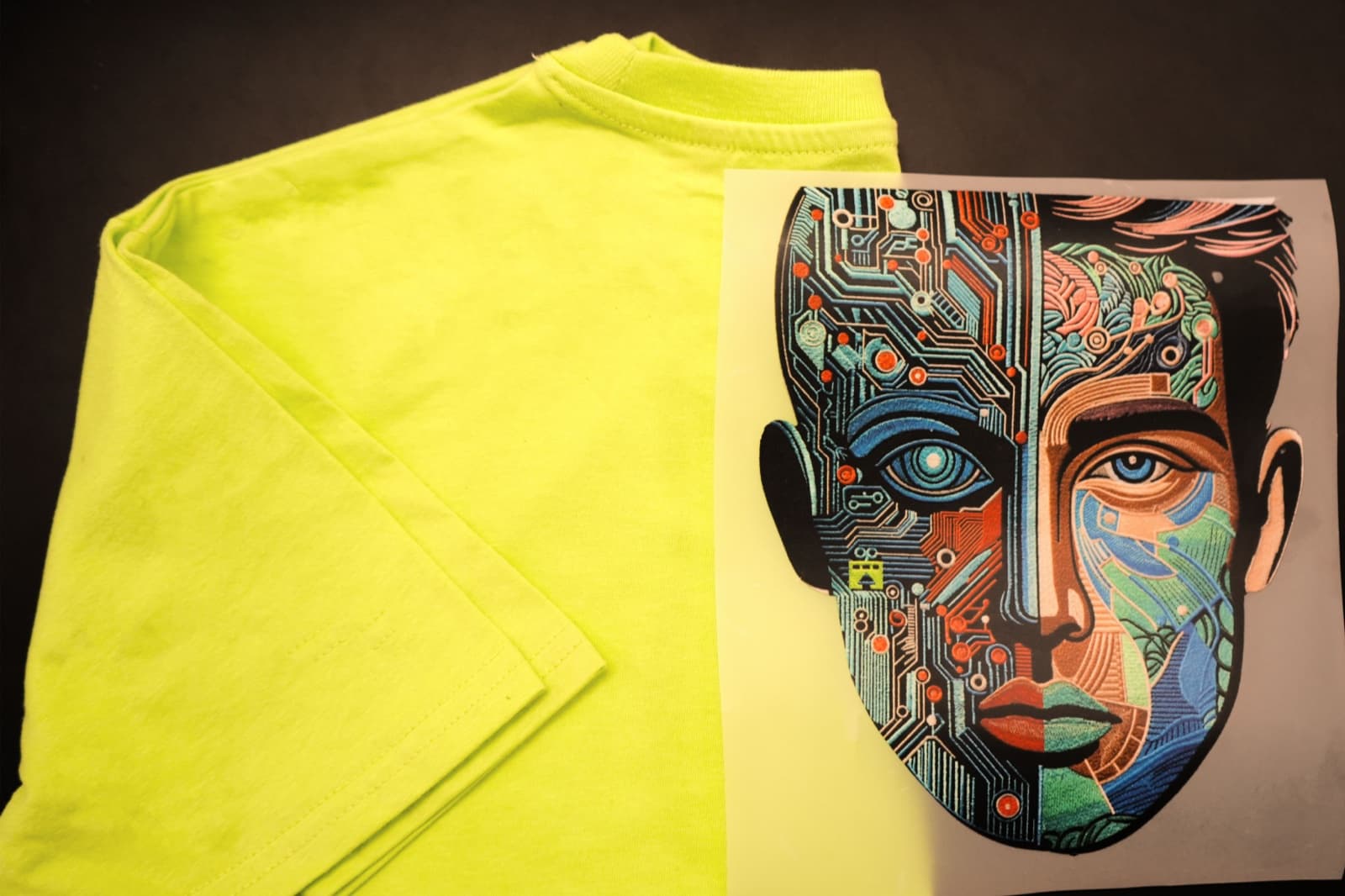 DTF direct-to-film transfer with multi-color vector artwork next to a blank white shirt
