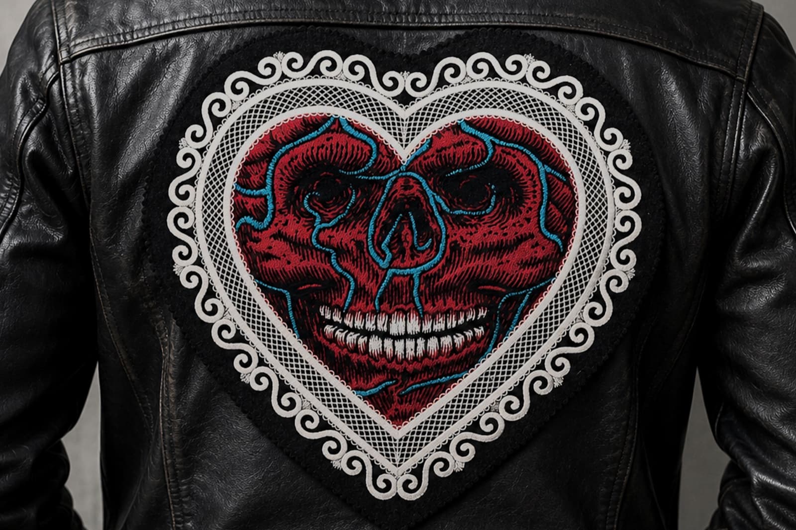 Large full-back embroidered design showing heavy satin-stitch fill on a vest
