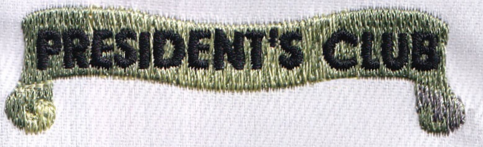 The same small 'President's Club' embroidered text, corrected — open letters, crisp and legible at the same size