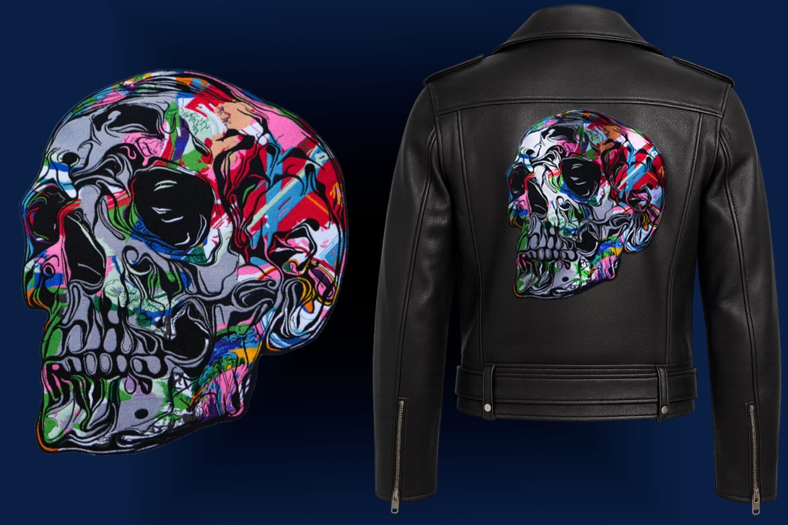 Large full-back embroidered design on a dark hoodie