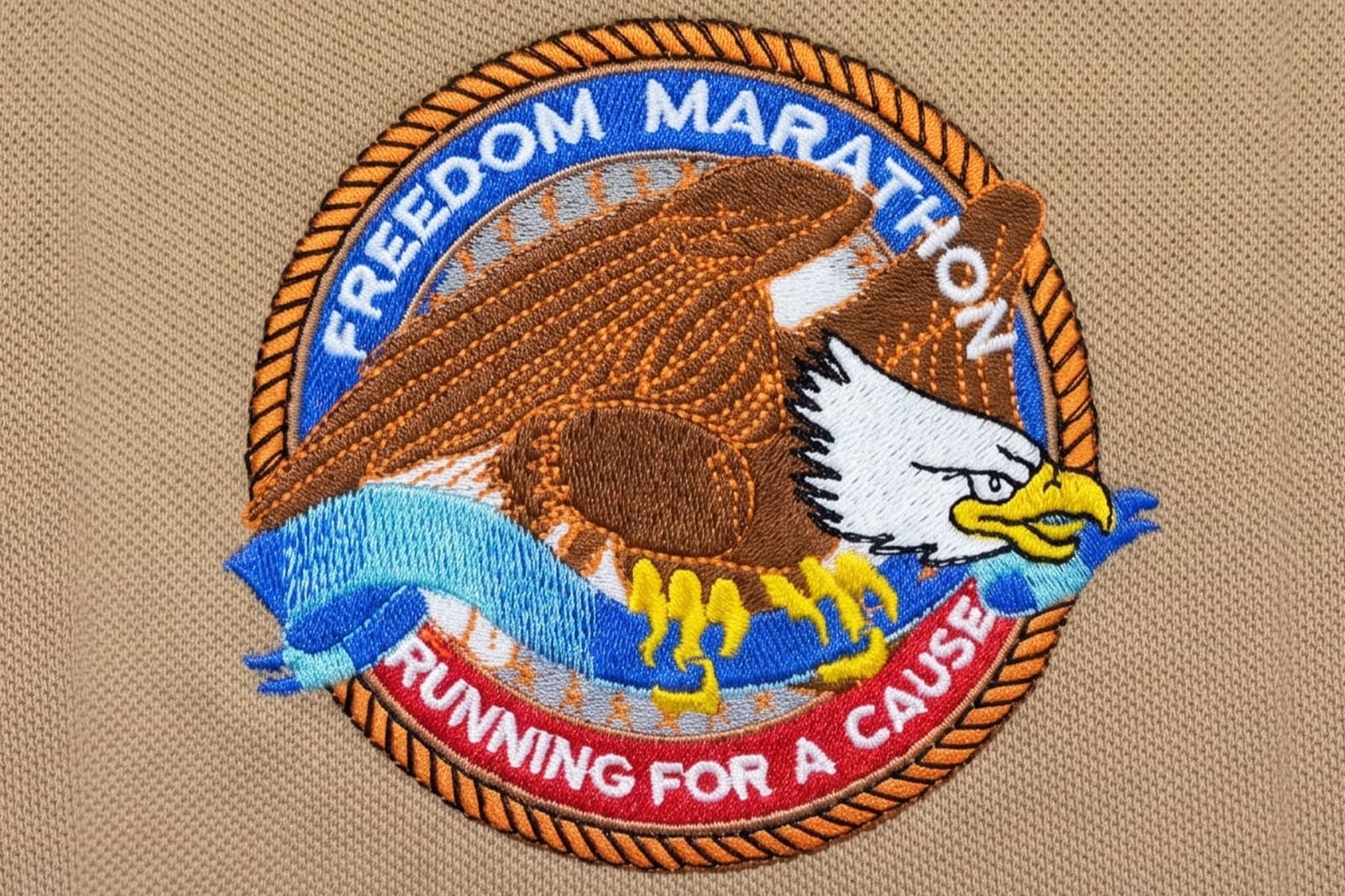 Close-up of multi-color embroidered sports crest with clean color boundaries