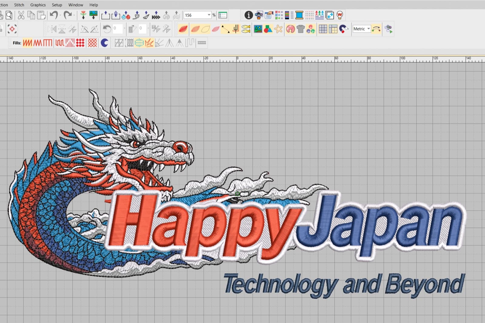 Screenshot of Wilcom-style digitizing software showing a dragon logo as colored stitch paths in the workspace โ the kind of file view that gets exported into formats like DST or PES
