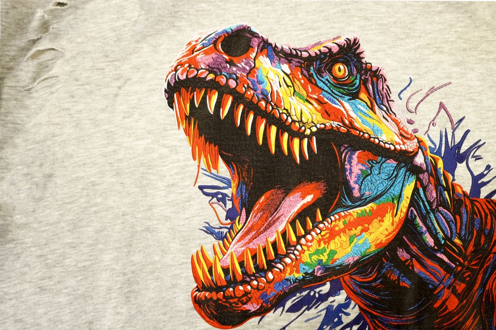 Full-colour DTG print of a roaring T-Rex with rainbow gradients on a heather-grey shirt โ illustrating the kind of artwork that prints well but embroidery can't reproduce